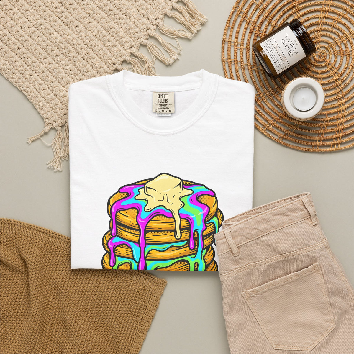 Pancake Tower T-Shirt Desserts Brunch Gift Women Cartoon T-Shirt Stack T-Shirt Sweets Fan Cute T-Shirt Breakfast Graphic Vintage Honey T-Shirt
