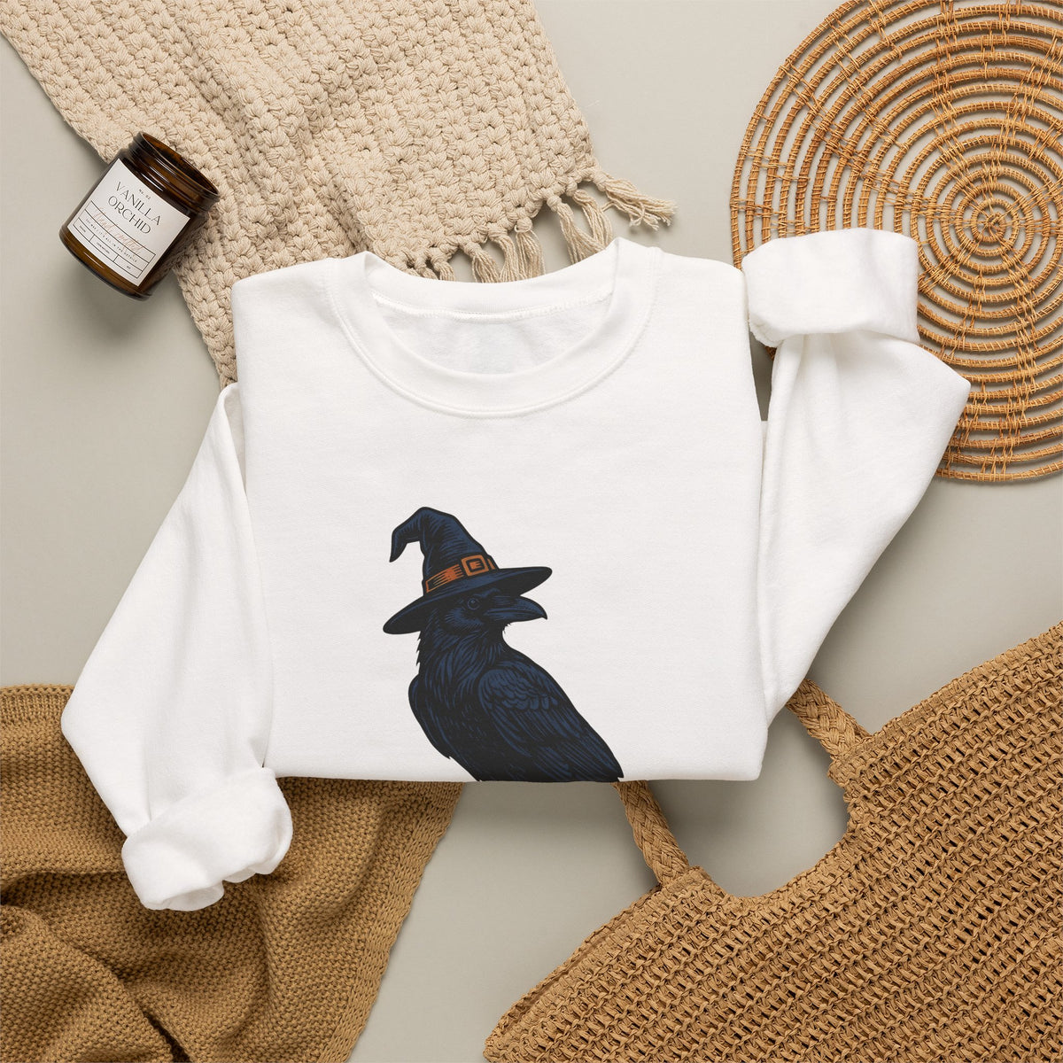 Raven Wizard Hat Sweatshirt Halloween Horror Gift Women Antique Sweatshirt Witch Hat Sweatshirt Spooky Fan Occult Sweatshirt Horror Graphic Ink Fortune Ball