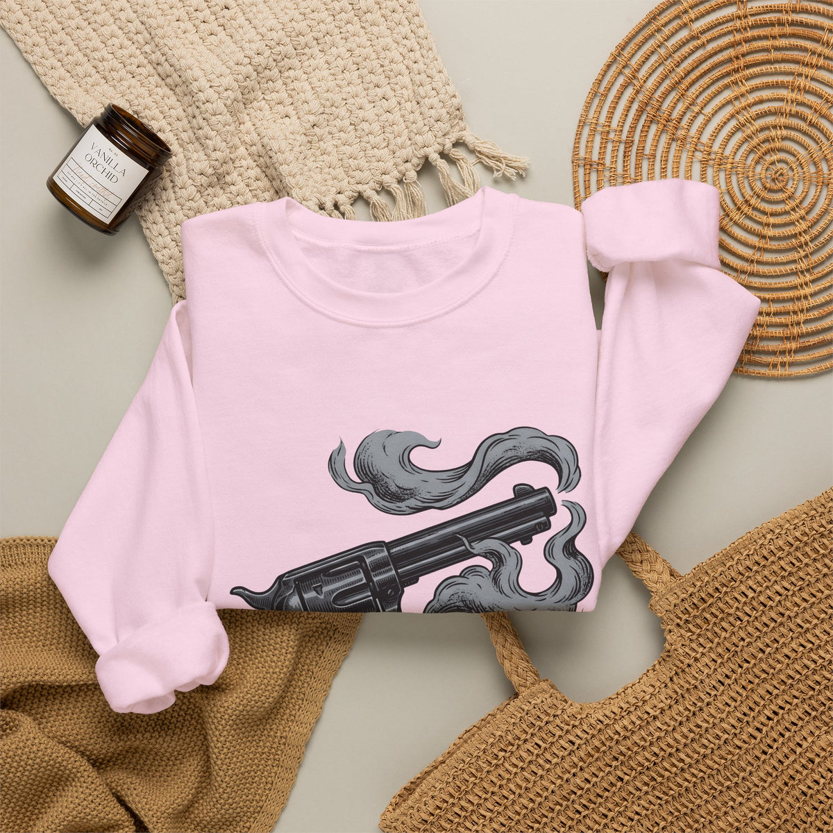 Revolver Gun Sweatshirt Cowgirl Western Gift Women Vintage Sweatshirt Handgun Sweatshirt Rodeo Fan Retro Sweatshirt Cowboy Graphic Hand Drawn Smoke Sweatshirt