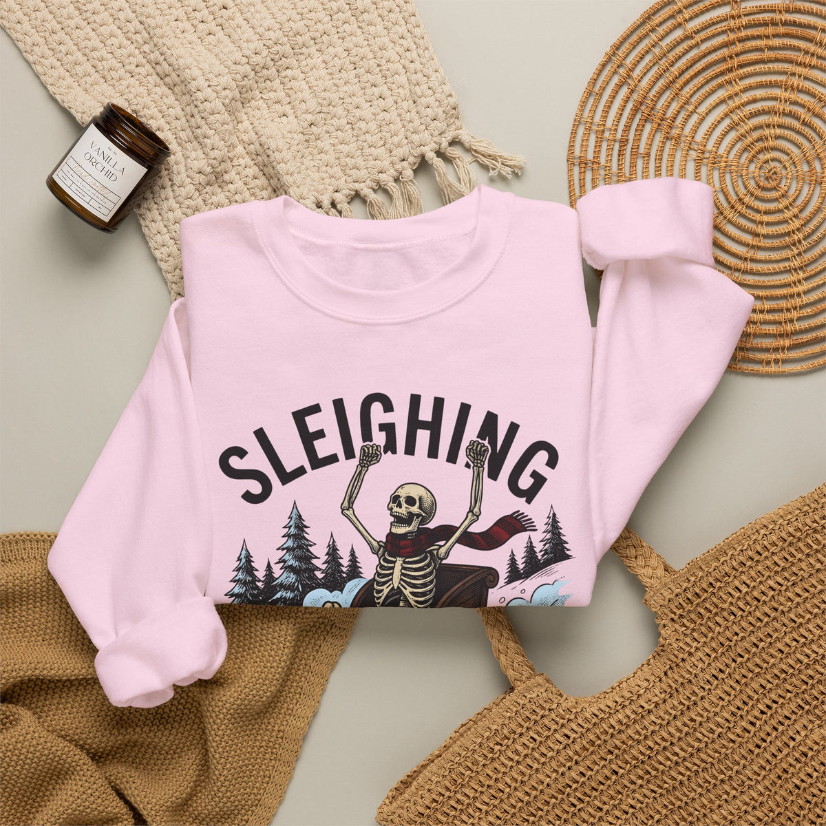 Bone Sleigh Sweatshirt Christmas Comedy Gift Women Shabby Chic Sweatshirt Sleigh Bell Sweatshirt Xmas Fan Distressed Sweatshirt Humor Graphic Doodle Fir Trees
