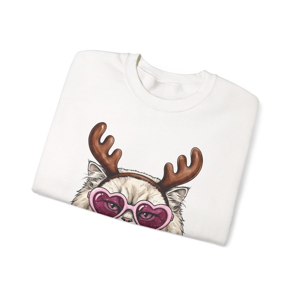 Cat Reindeer Sweatshirt Christmas Cat Gift Women Hand Drawn Sweatshirt Reindeer Sweatshirt Xmas Fan Illustrated Graphic Kitten Design Vintage Heart