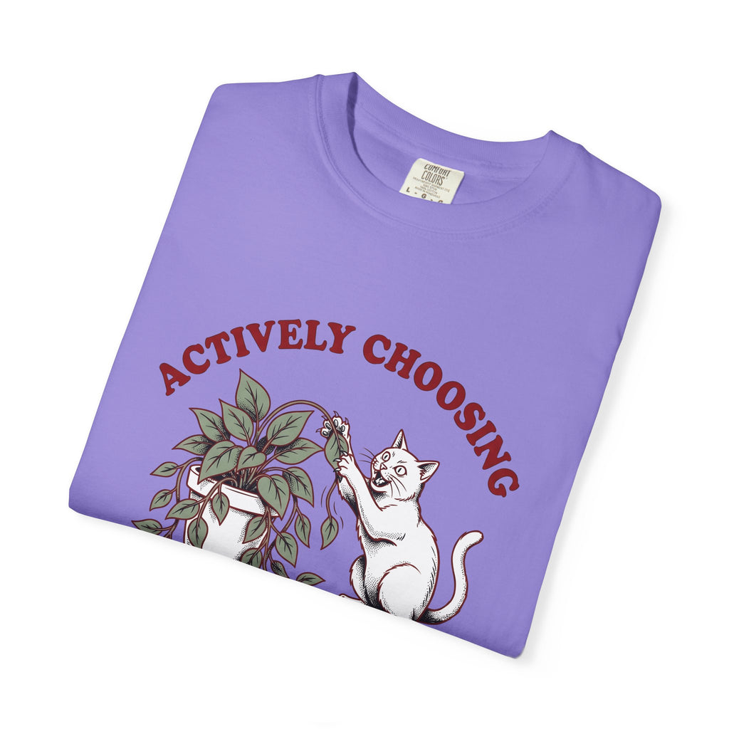 Feline Foliage T-Shirt Cat Comedy Gift Women Classic T-Shirt Cat Foliage T-Shirt Cat Fan Vintage T-Shirt Humor Graphic Ink Drawing Potted Plant