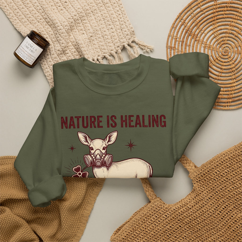 Buck Gas Mask Sweatshirt Nature Fauna Gift Women Antique Sweatshirt Gas Mask Sweatshirt Wildlife Enthusiast Vintage Sweatshirt Animal Graphic Ink Drawing Four