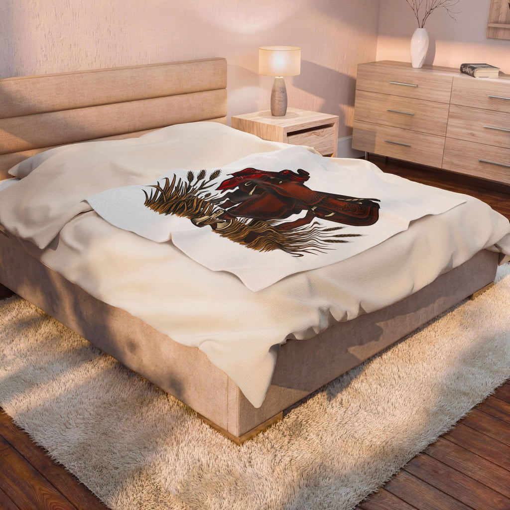 Western Saddle Cowgirl Western Gift Vintage Saddle Cowboy Fan Rodeo Hand Drawn Wheat Blanket