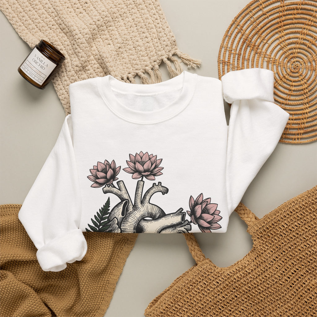 Heart Bloom Sweatshirt Boho Chic Environment Gift Women Natural Sweatshirt Flower Sweatshirt Bohemian Fan Organic Graphic Illustration Sketch Foliage