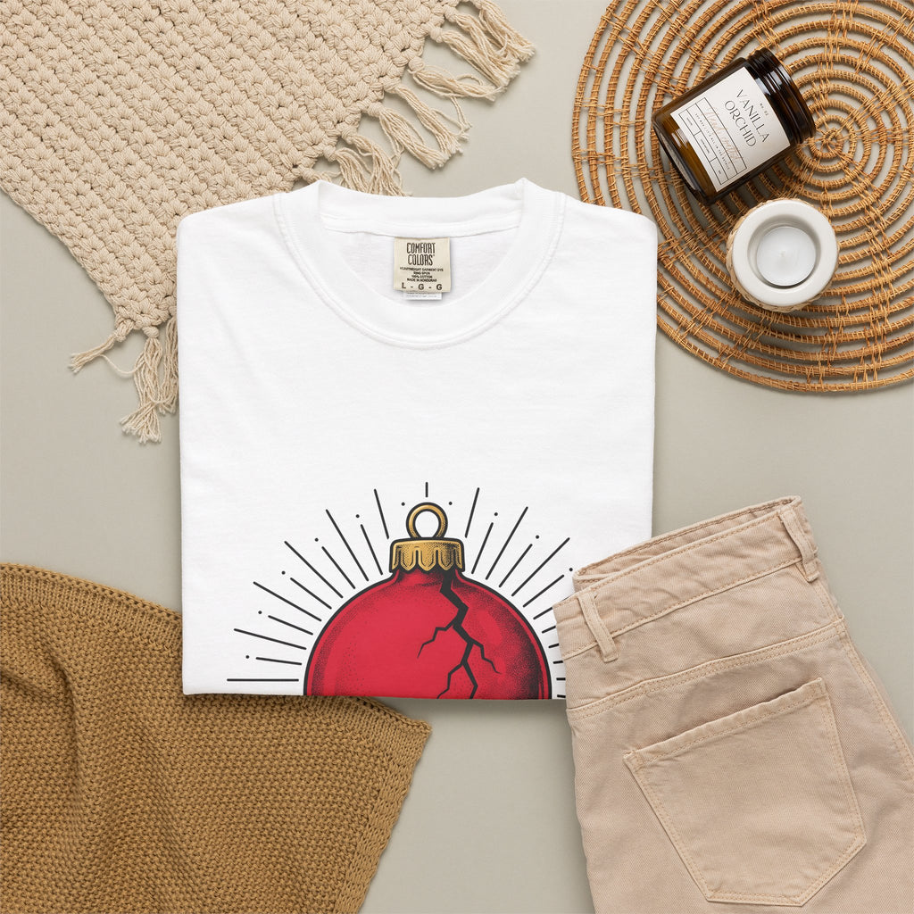Fractured Ornament T-Shirt Christmas Satire Gift Women Hand Drawn T-Shirt Broken Bauble T-Shirt Xmas Fan Hand Drawn T-Shirt Sarcastic Graphic Old