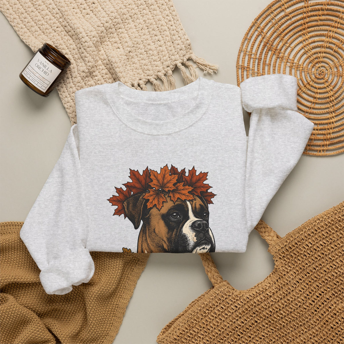 Boxer Puppy Sweatshirt Dog Autumn Gift Women Retro Sweatshirt Puppy Sweatshirt Dog Fan Pup Sweatshirt Fall Graphic Sketch Fall Leaves Sweatshirt