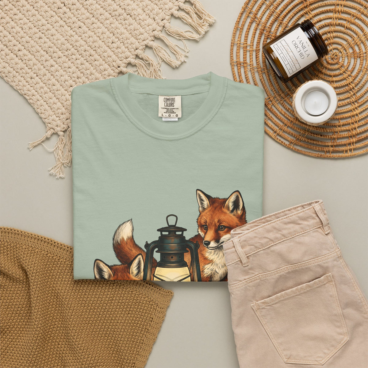 Fox Light T-Shirt Halloween Nature Gift Women Hand Drawn T-Shirt Lamp T-Shirt Spooky Fan Illustrated T-Shirt Wilderness Graphic Doodle Maple Leaves