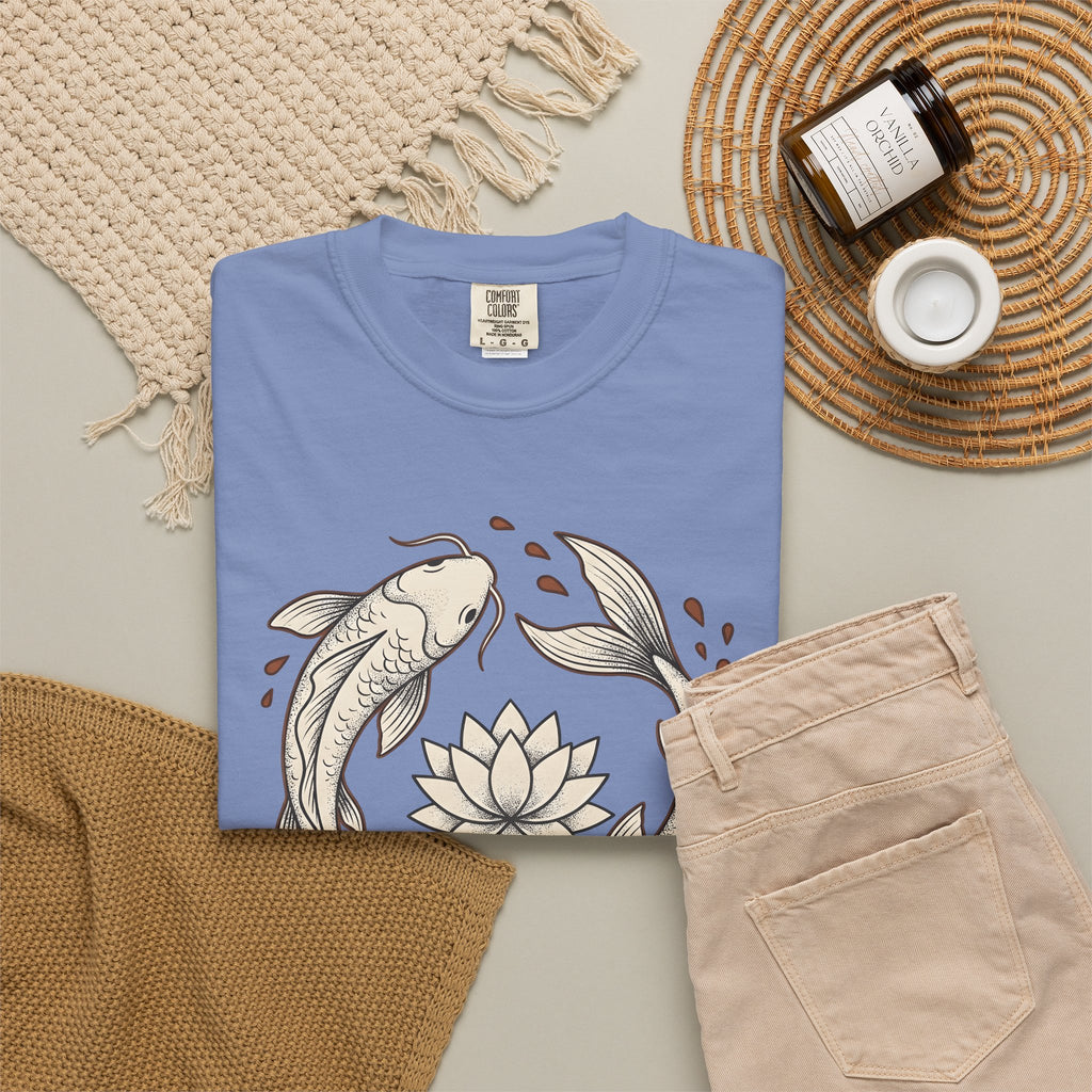 Koi Fish T-Shirt Koi Fish Calm Gift Women Folk Art T-Shirt Carp T-Shirt Koi Fan Naïve Art T-Shirt Serene Graphic Outline Flower T-Shirt