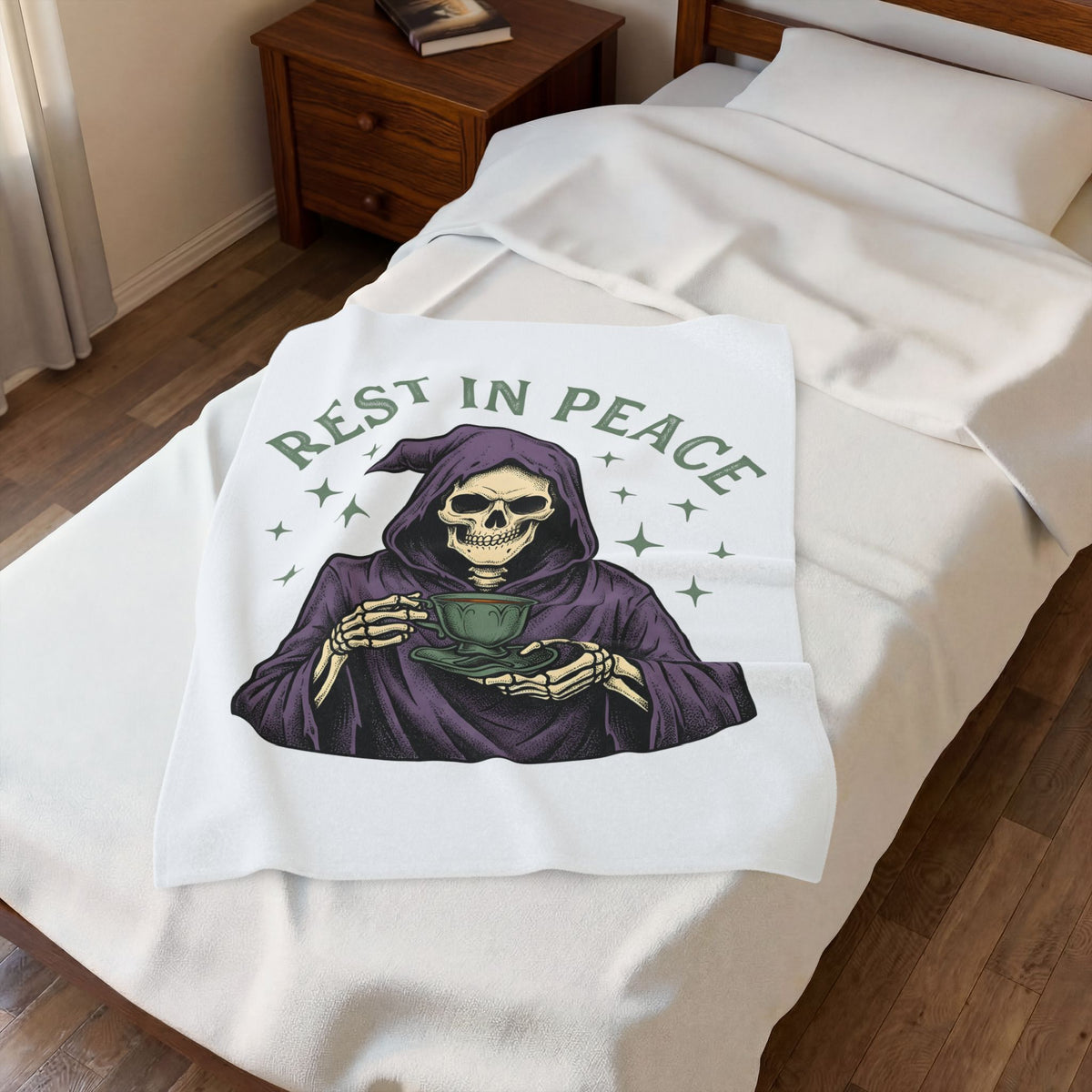 Grim Reaper Blanket Halloween Gothic Gift Women Vintage Blanket Death Blanket Horror Fan Dark Blanket Gothic Graphic Hand Drawn Teacup Blanket