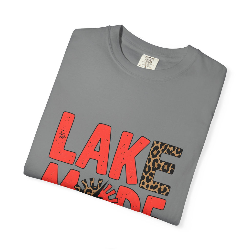 Bold Animal Print Text T-Shirt Lake Summer Gift Women Playful T-Shirt Typography T-Shirt Lakeside Fan Fun T-Shirt Vacation Graphic Retro Leopard