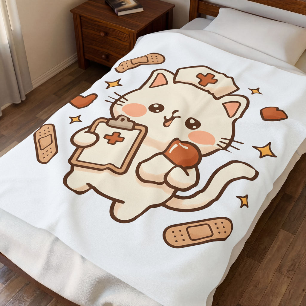 Nurse Kitty Blanket Nurse Wildlife Gift Women Chibi Blanket Kitty Cat Blanket Nursing Enthusiast Cartoon Blanket Animal Graphic Animated Adhesive