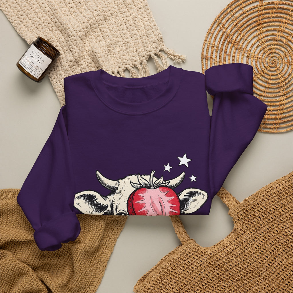 Cow Strawberry Sweatshirt Cute Animal Gift Women Hand Drawn Sweatshirt Cow Sweatshirt Adorable Fan Illustrated Sweatshirt Creature Graphic Whimsical Stars