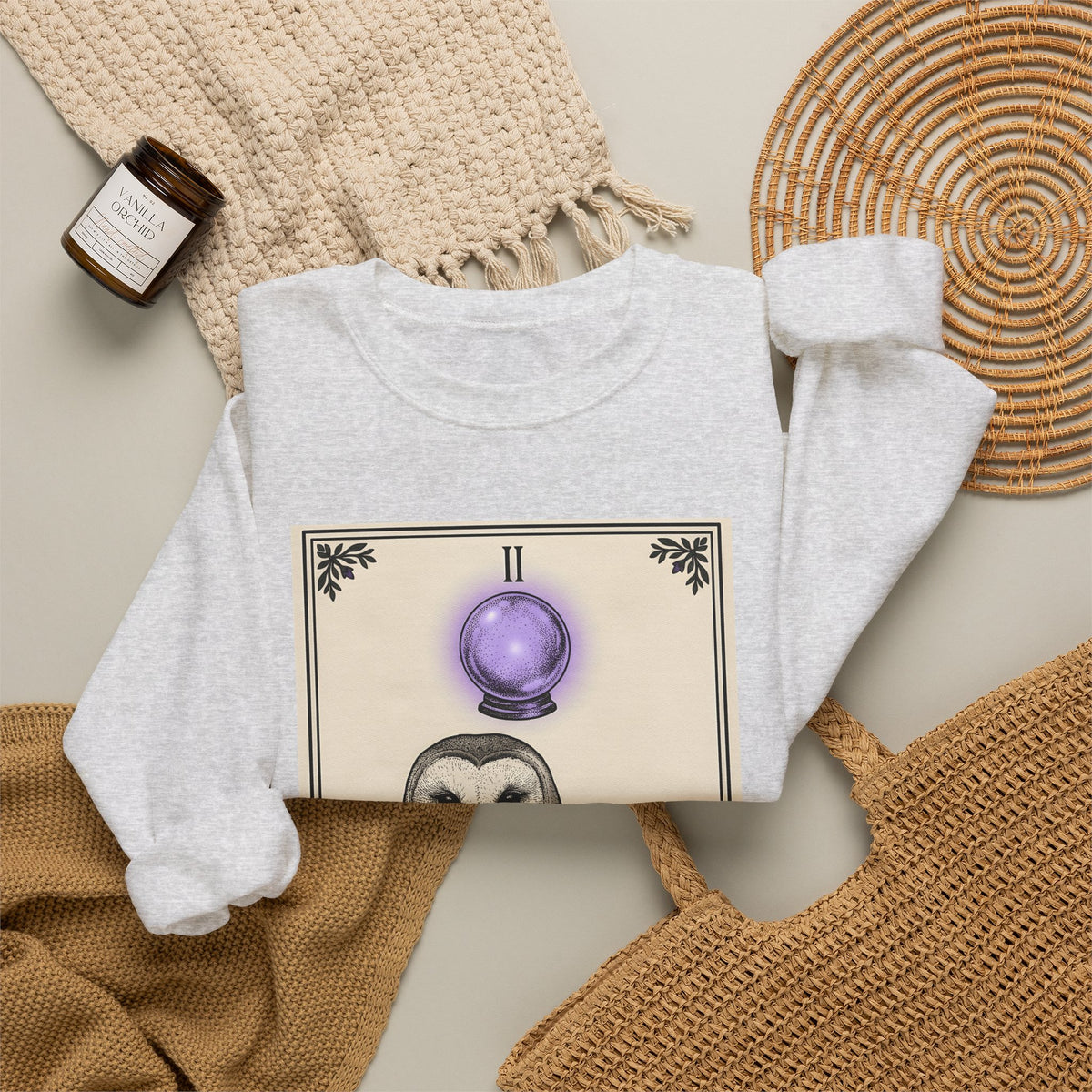 Barn Owl Sweatshirt Boho Chic Magic Gift Women Oracle Sweatshirt Owl Sweatshirt Bohemian Fan Mystic Sweatshirt Magical Graphic Hand Drawn Glass Sphere Sweatshirt