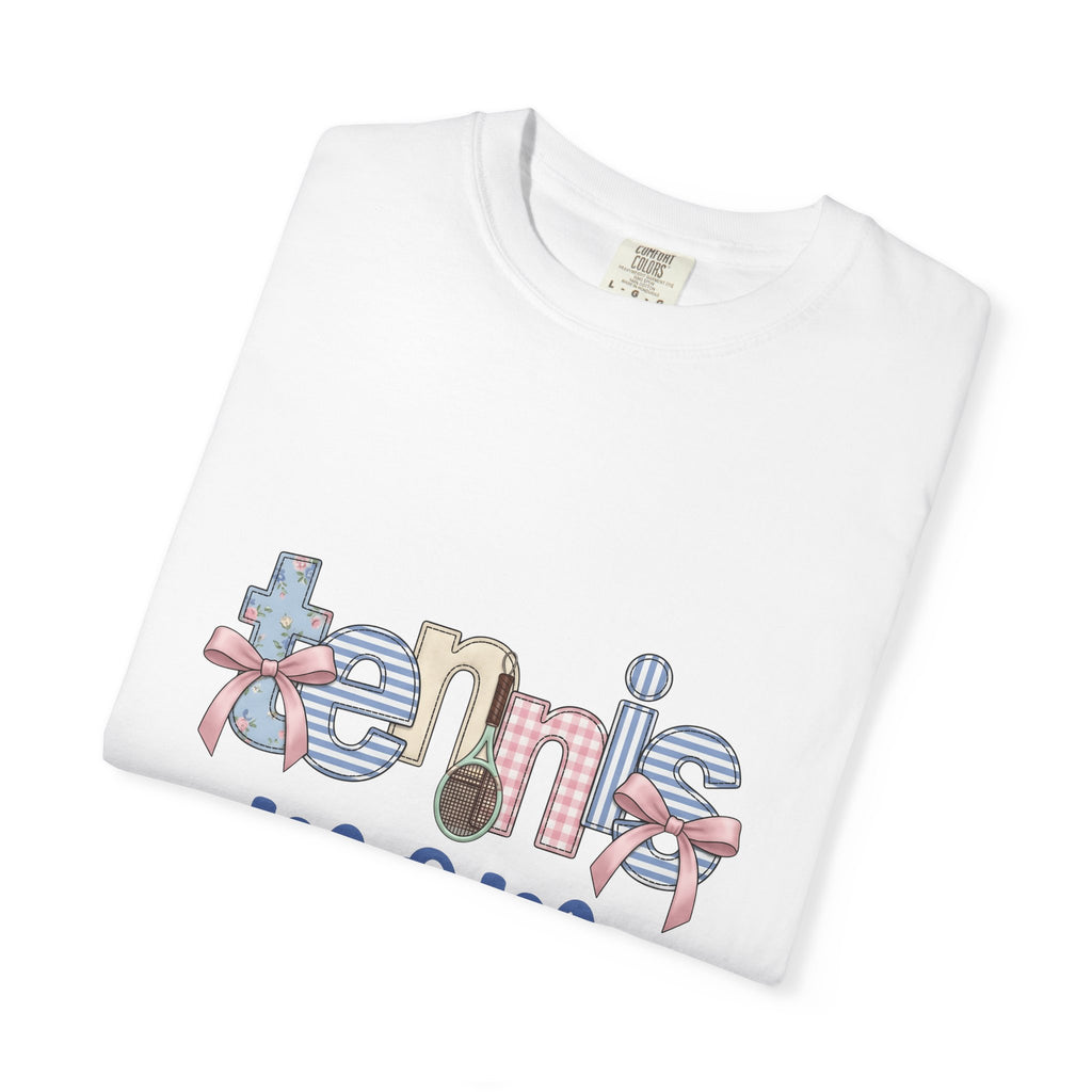 Tennis Racket T-Shirt Tennis Mom Sports Gift Women Cute T-Shirt Racquet T-Shirt Tennis Enthusiast Kawaii T-Shirt Athletic Graphic Retro Pink Bow