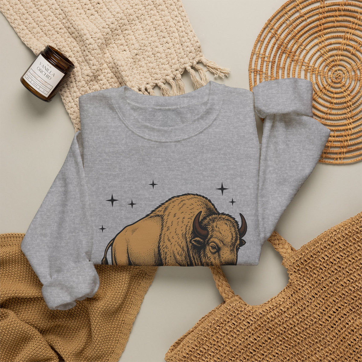 Buffalo Art Sweatshirt Animal Environment Gift Women Rustic Sweatshirt Bison Sweatshirt Wildlife Fan Primitive Sweatshirt Eco Graphic Line Art Star Symbols