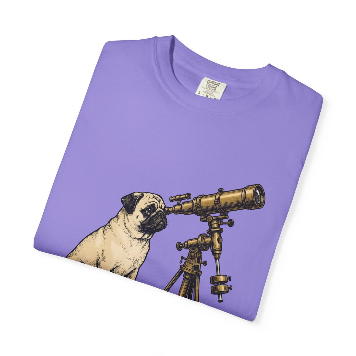 Pug Puppy T-Shirt Dog Space Gift Women Retro T-Shirt Puppy T-Shirt Dog Fan Canine T-Shirt Vintage Graphic Astronomy Illustration Sketch Binoculars