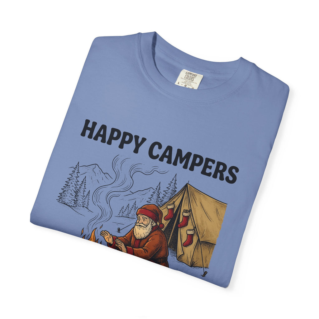 Santa Campfire T-Shirt Christmas Hiking Gift Women Rustic T-Shirt Krampus T-Shirt Xmas Fan Holiday Trek Graphic T-Shirt Line Art Camping Tent