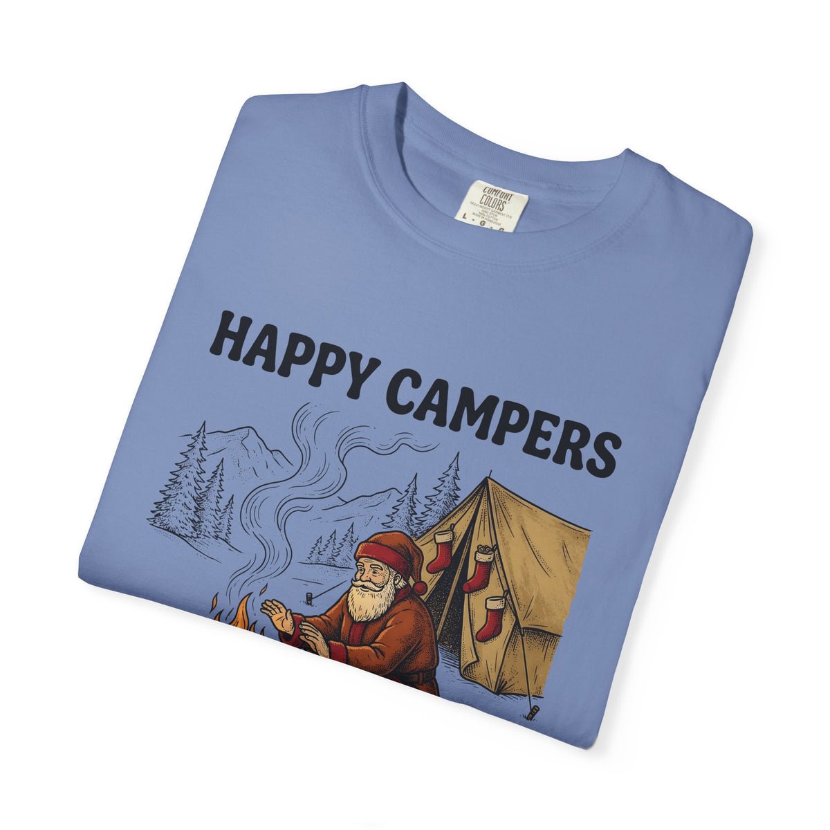 Santa Campfire T-Shirt Christmas Hiking Gift Women Rustic T-Shirt Krampus T-Shirt Xmas Fan Holiday Trek Graphic T-Shirt Line Art Camping Tent