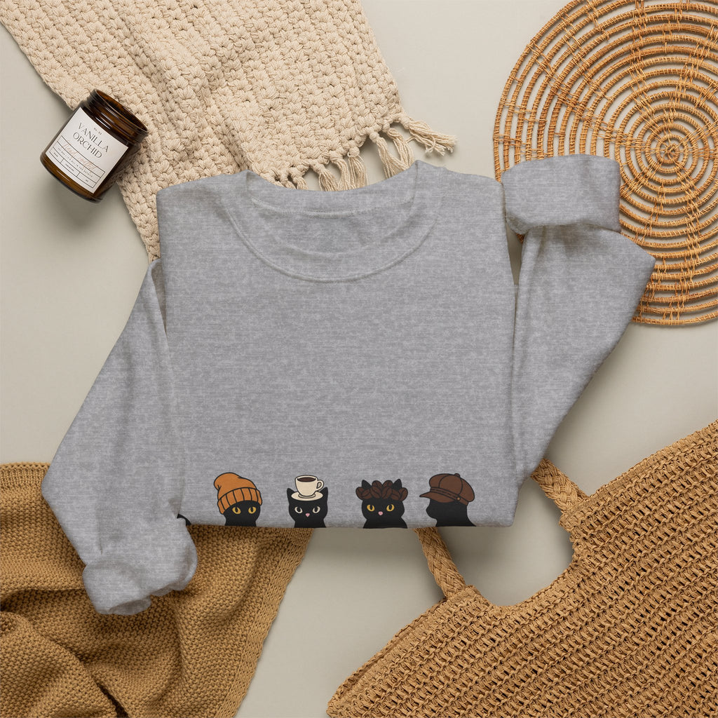 Black Cat Sweatshirt Cat Cafe Gift Women Kawaii Sweatshirt Kitty Sweatshirt Cat Fan Feline Sweatshirt Coffee Graphic Minimal Simple Hat Sweatshirt