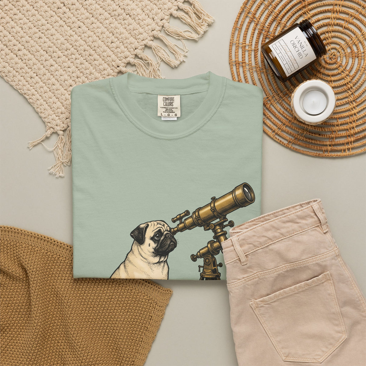 Pug Puppy T-Shirt Dog Space Gift Women Retro T-Shirt Puppy T-Shirt Dog Fan Canine T-Shirt Vintage Graphic Astronomy Illustration Sketch Binoculars
