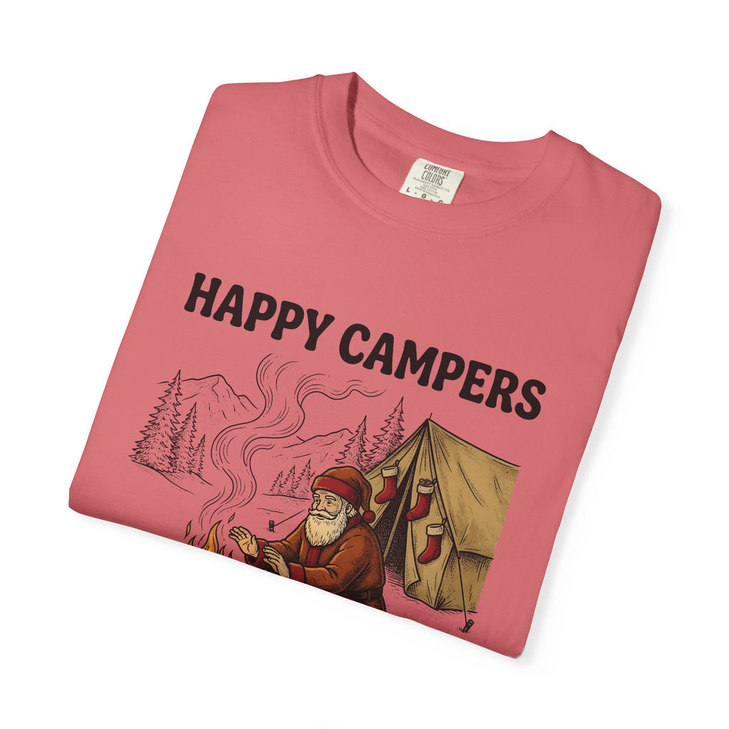 Santa Campfire T-Shirt Christmas Hiking Gift Women Rustic T-Shirt Krampus T-Shirt Xmas Fan Holiday Trek Graphic T-Shirt Line Art Camping Tent