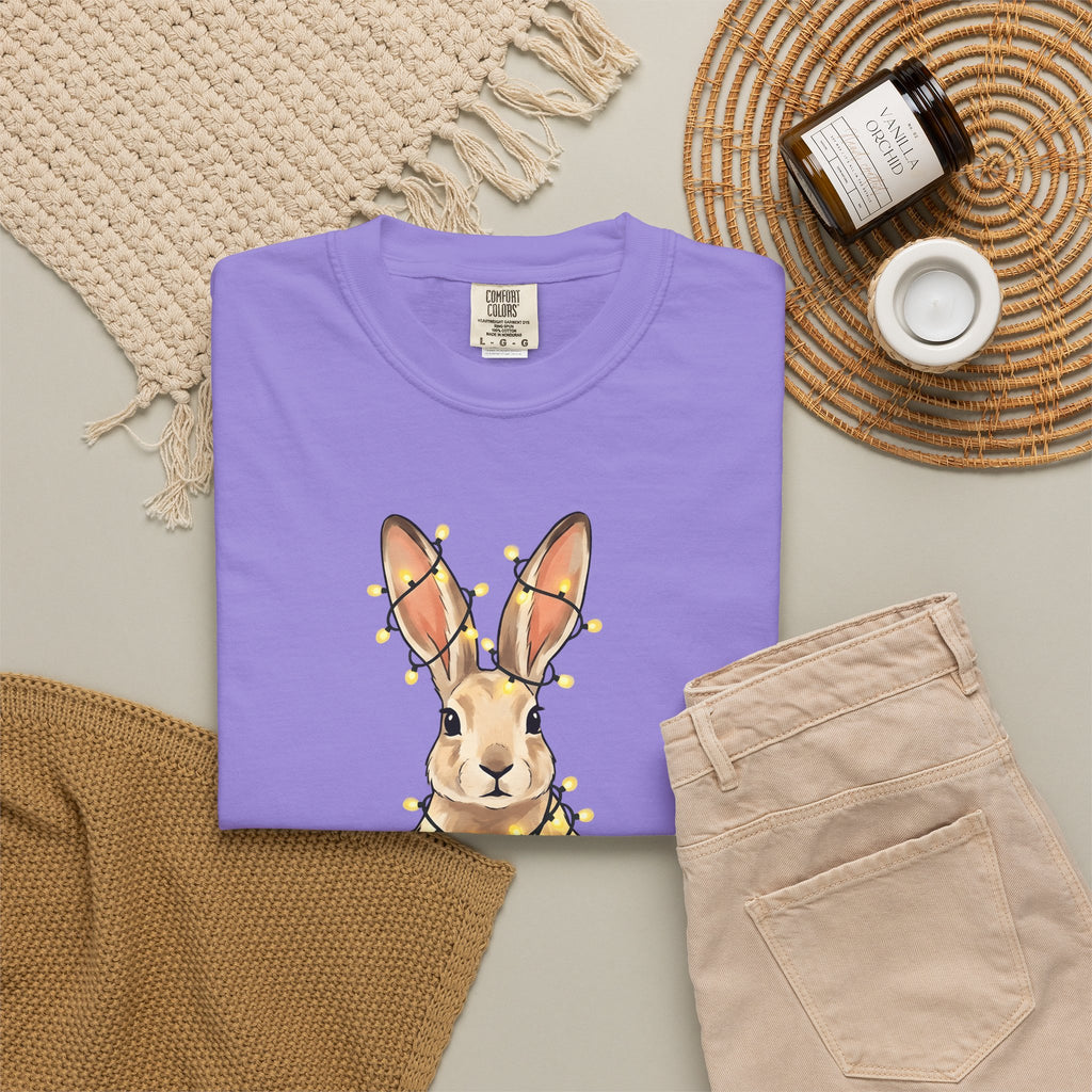 Bunny T-Shirt Animals Holiday Gift Women Cute T-Shirt Rabbit T-Shirt Pet Fan Cute T-Shirt Christmas Graphic Hand Drawn String Lights T-Shirt