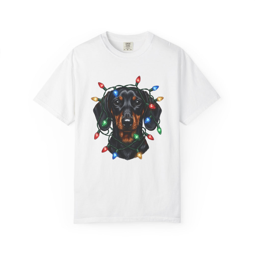 Dachshund Dog T-Shirt Dog Holiday Gift Women Realistic T-Shirt Wiener Dog T-Shirt Dog Fan Photorealistic T-Shirt Christmas Graphic Hand Drawn