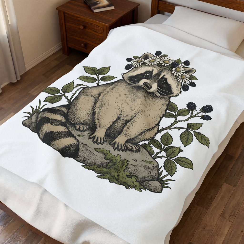 Raccoon Blossom Crown Blanket Animal Greenery Gift Women Natural Blanket Raccoon Crown Blanket Wildlife Fan Botanical Blanket Foliage Graphic Hand