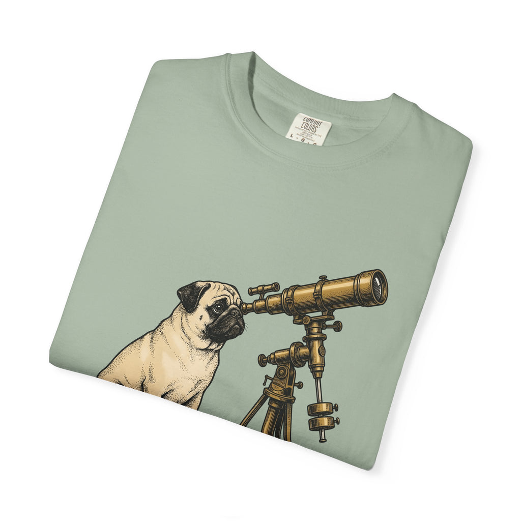 Pug Puppy T-Shirt Dog Space Gift Women Retro T-Shirt Puppy T-Shirt Dog Fan Canine T-Shirt Vintage Graphic Astronomy Illustration Sketch Binoculars