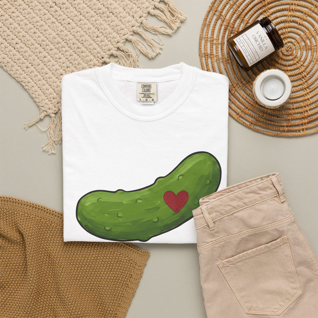 Pickle Illustration T-Shirt Funny Gastronomy Gift Women Doodle T-Shirt Dill T-Shirt Humor Fan Cartoon T-Shirt Food Graphic Outline Heart Shape