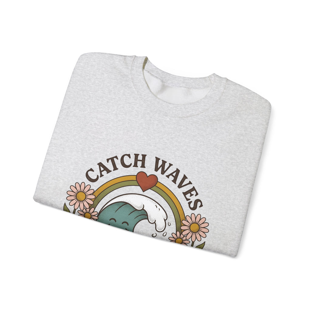 Happy Wave Sweatshirt Sports Beach Gift Women Vintage Sweatshirt Wave Sweatshirt Athlete Fan Surf Graphic Sweatshirt Hand Drawn Wildflowers Sweatshirt