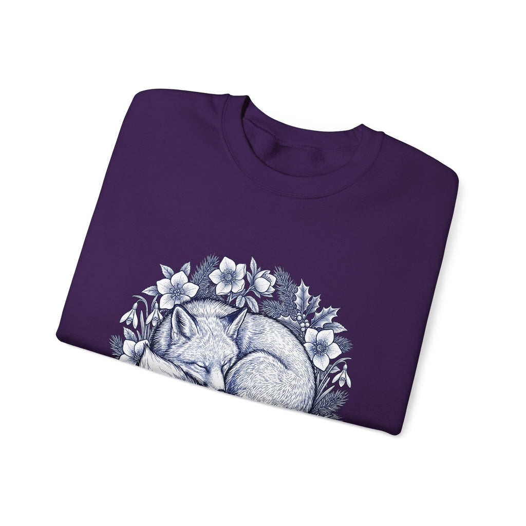 Fox Blossom Sweatshirt Christmas Creature Gift Women Cartoon Sweatshirt Flower Sweatshirt Xmas Fan Comic Sweatshirt Beast Graphic Hand Drawn Pine Branch Sweatshirt