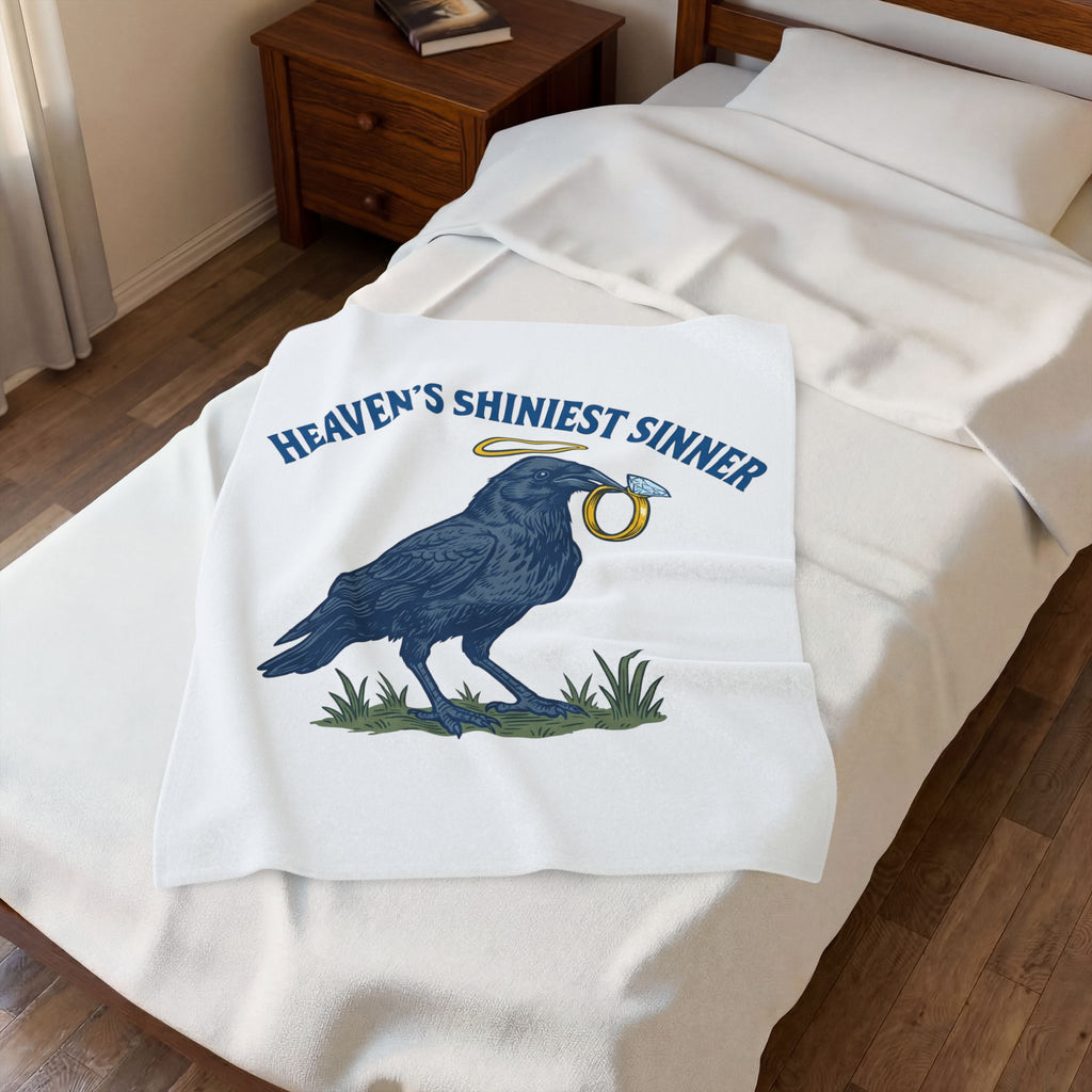 Raven Halo Blanket Funny Animal Gift Women Vintage Blanket Crow Blanket Humor Fan Retro Blanket Creature Graphic Hand Drawn Diamond Ring Blanket
