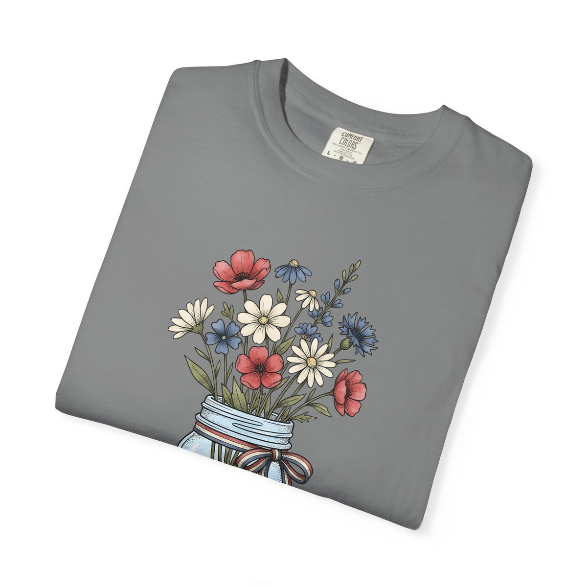 Mason Jar Flowers T-Shirt 4th Of July Floral Gift Women Hand Drawn T-Shirt Flower Arrangement T-Shirt Independence Day Fan Floral Graphic T-Shirt