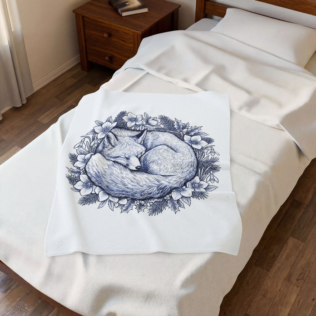 Fox Blossom Blanket Christmas Creature Gift Women Cartoon Blanket Flower Blanket Xmas Fan Comic Blanket Beast Graphic Hand Drawn Pine Branch Blanket