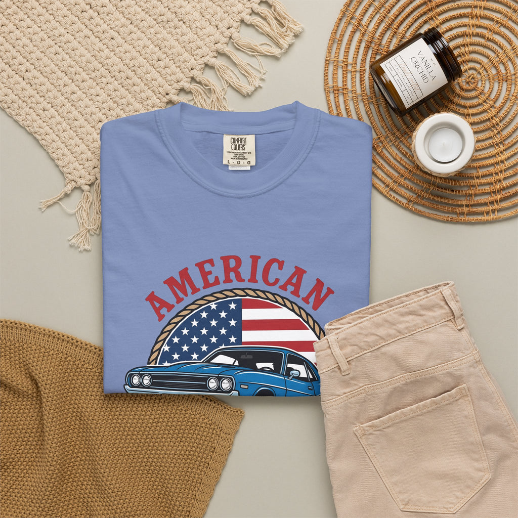 Muscle Car T-Shirt America Automotive Gift Women Vintage T-Shirt Hot Rod T-Shirt Patriot Enthusiast Classic T-Shirt Car Graphic Retro American Flag