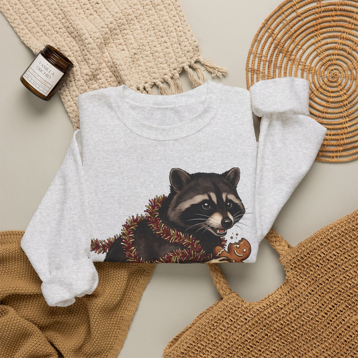 Raccoon Graphic Sweatshirt Christmas Animal Gift Women Cute Sweatshirt Trash Panda Sweatshirt Xmas Fan Wildlife Graphic Illustration Hand Drawn Gingerbread