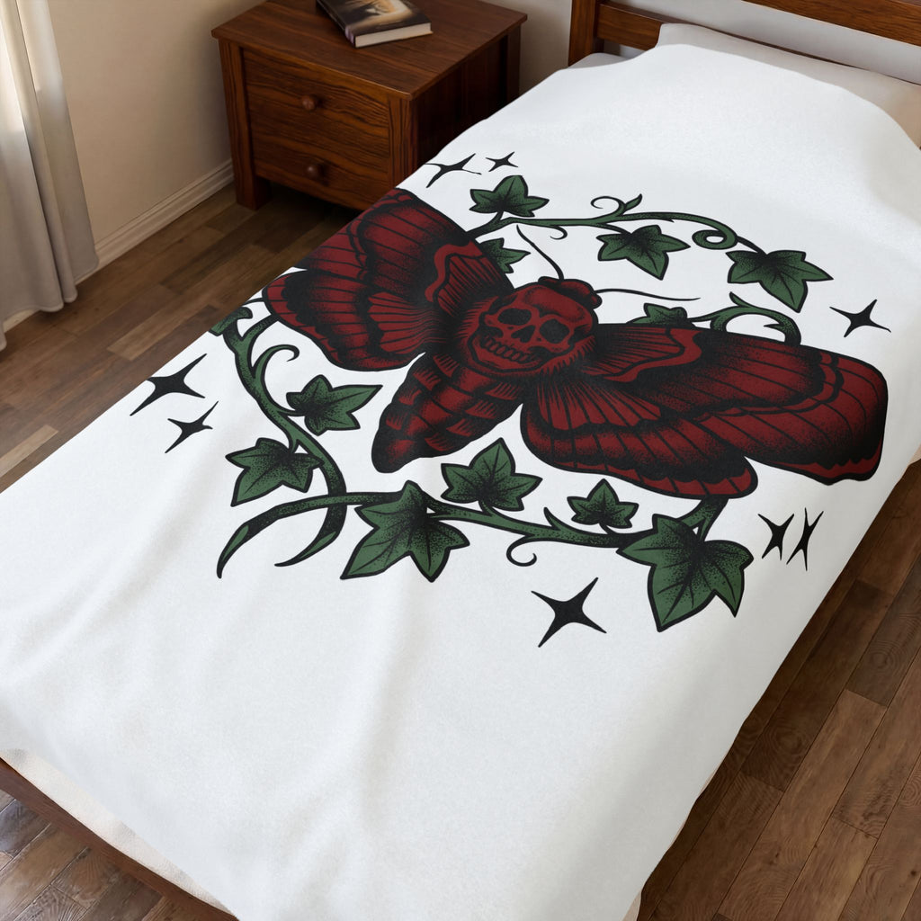 Skull Moth Blanket Halloween Gothic Gift Women Tattoo Blanket Deathshead Moth Blanket Horror Fan Dark Art Blanket Gothic Graphic Vintage Ivy Blanket