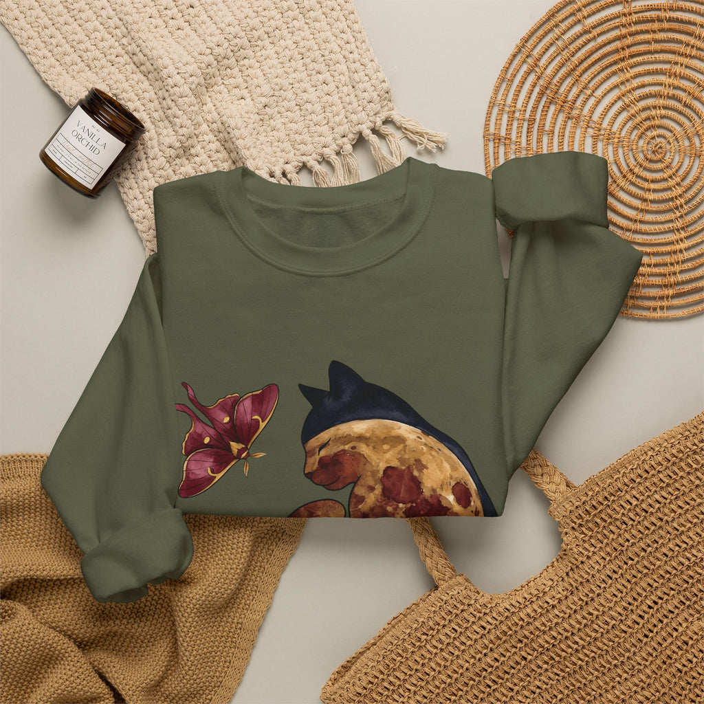 Night Cat Sweatshirt Cat Cosmos Gift Women Paint Sweatshirt Kitty Sweatshirt Cat Fan Artistic Sweatshirt Universe Graphic Galaxy Moth Sweatshirt