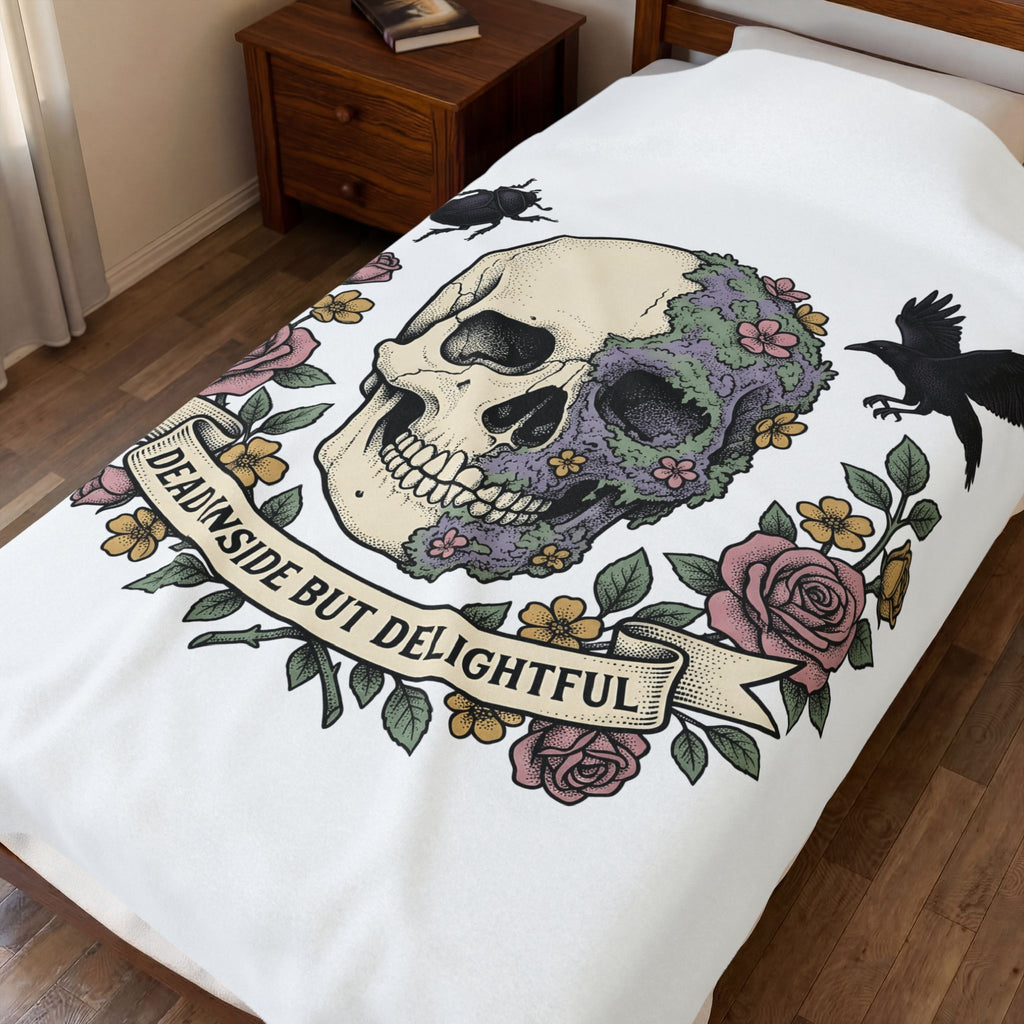 Bone Flower Halloween Occult Gift Neo Traditional Skeleton Horror Fan Tattoo Mystic Hand Drawn Blanket
