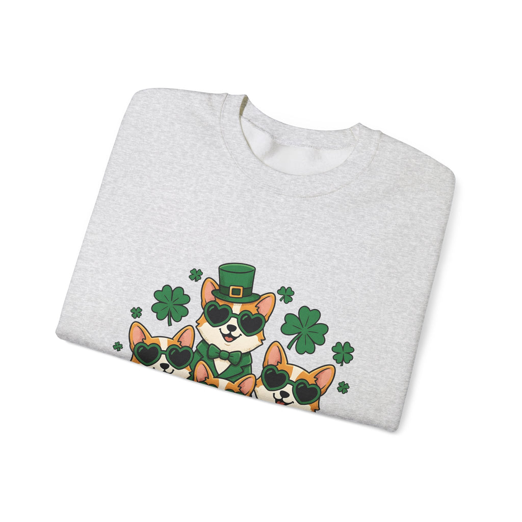 Corgi Puppies Sweatshirt St Patrick's Day Pet Owner Gift Women Comic Sweatshirt Puppy Sweatshirt Shamrock Fan Cartoon Sweatshirt Dog Mom Graphic Chibi Clover