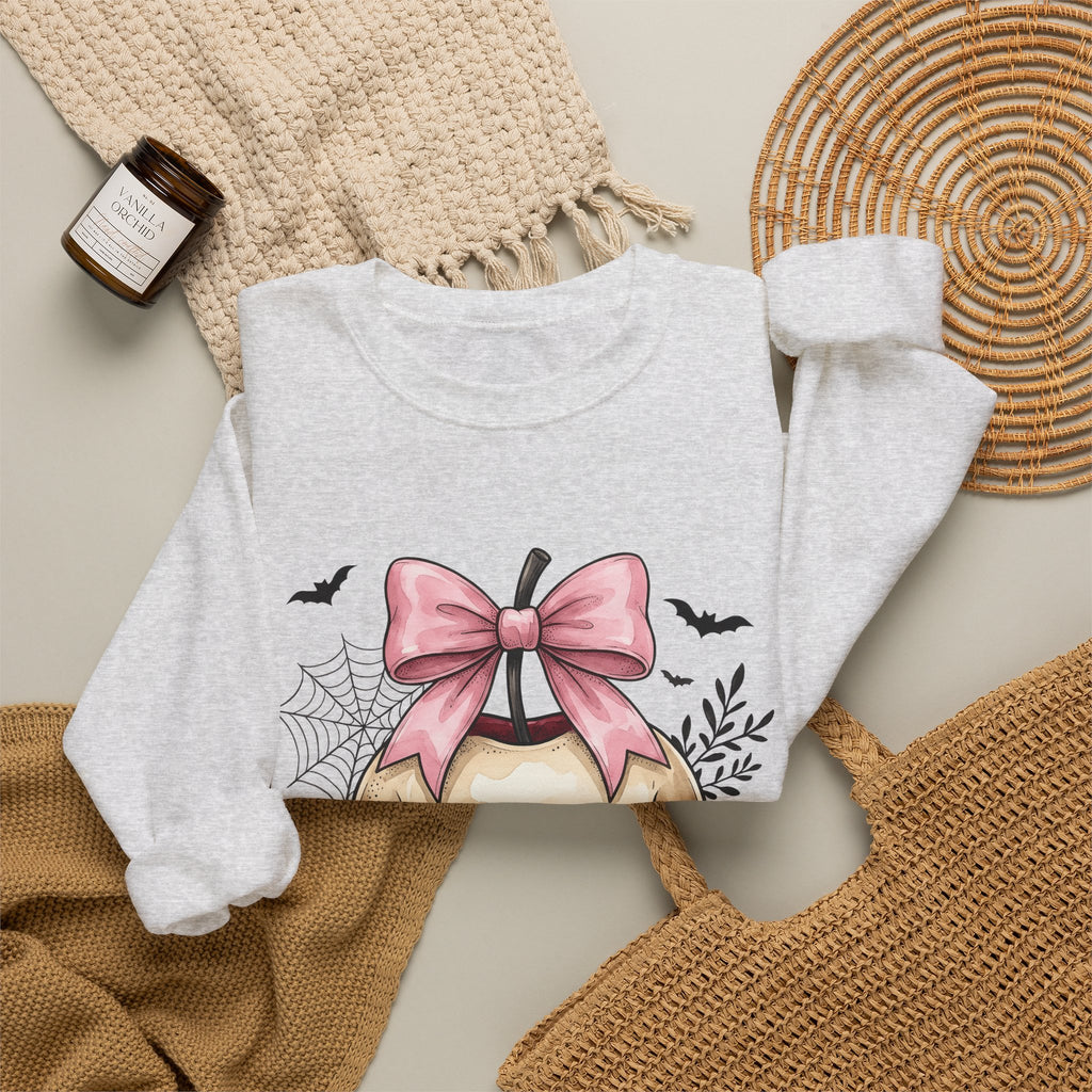 Skeleton Apple Sweatshirt Halloween Scary Gift Women Horror Sweatshirt Bone Sweatshirt Spooky Fan Macabre Sweatshirt Frightful Graphic Hand Drawn Pink Hair Bow