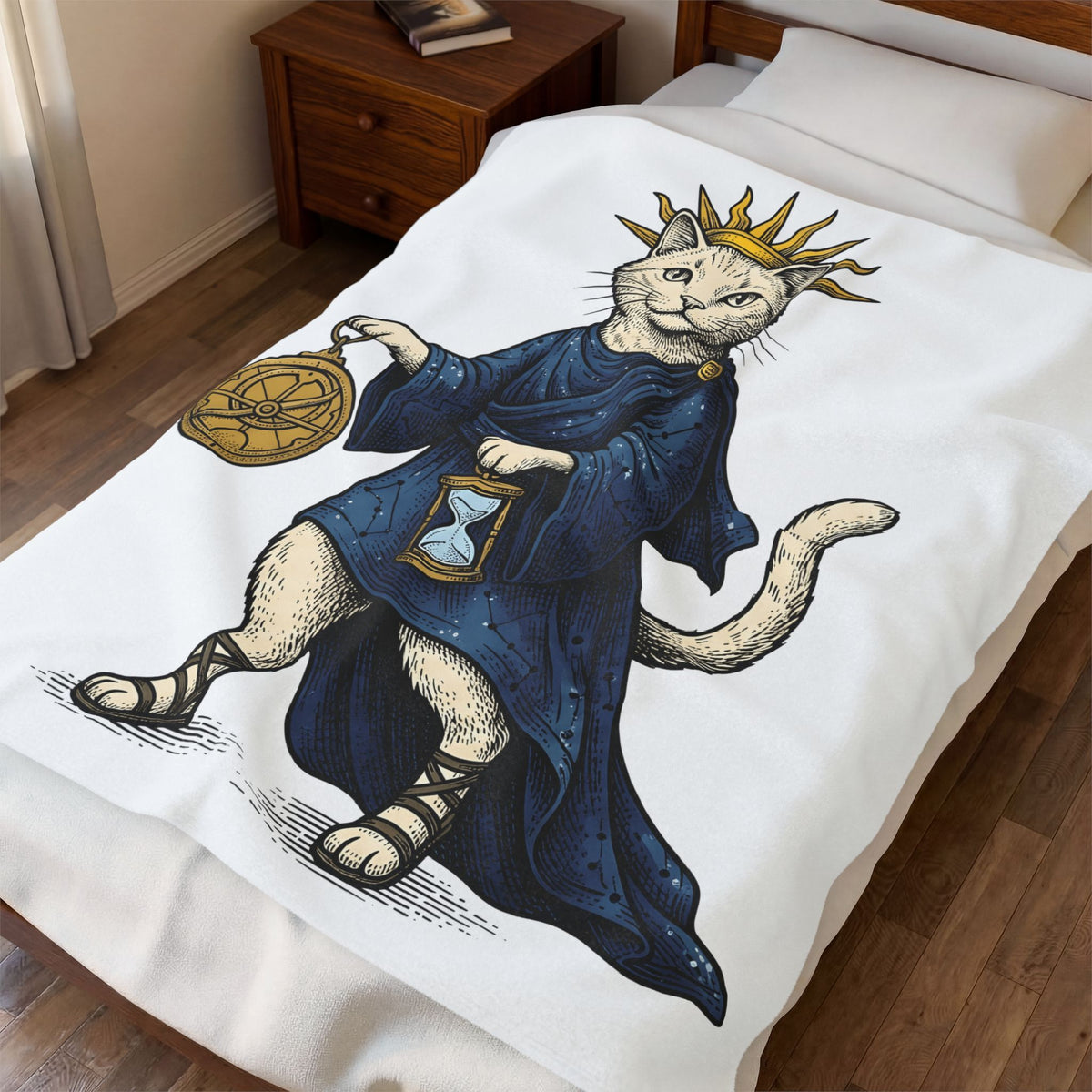 Sorcerer Cat Blanket Cat Mythology Gift Women Old School Blanket Wizard Cat Blanket Cat Fan Feline Blanket Legendary Graphic Line Art Timekeeper