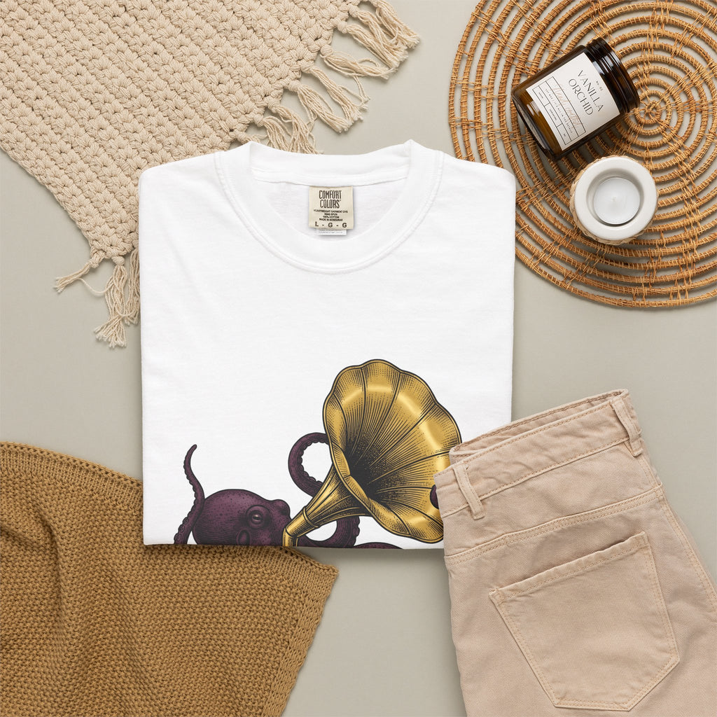 Octopus Phonograph T-Shirt Animal Sound Gift Women Classic T-Shirt Gramophone T-Shirt Pet Fan Retro T-Shirt Audio Graphic Doodle Music Player