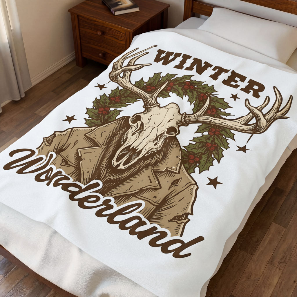 Antler Skull Blanket Christmas Frost Gift Women Throwback Blanket Deer Skull Blanket Xmas Fan Holiday Blanket Frosty Graphic Cartoon Pine Wreath
