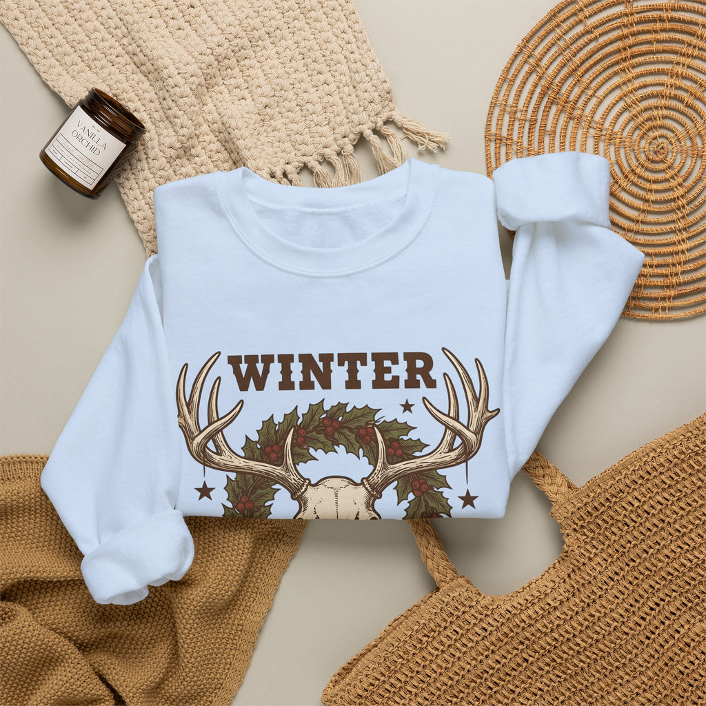 Antler Skull Sweatshirt Christmas Frost Gift Women Throwback Sweatshirt Deer Skull Sweatshirt Xmas Fan Holiday Sweatshirt Frosty Graphic Cartoon Pine Wreath