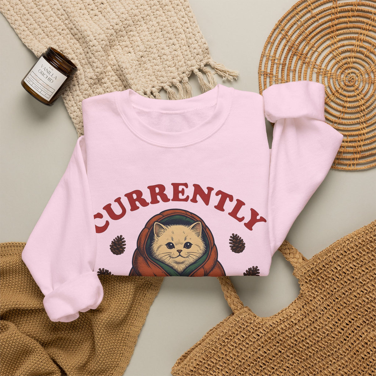 Warm Cat Sweatshirt Cat Backpacking Gift Women Farmhouse Sweatshirt Kitty Sweatshirt Feline Fan Rustic Sweatshirt Hiking Graphic Line Art Conifer Cones Sweatshirt