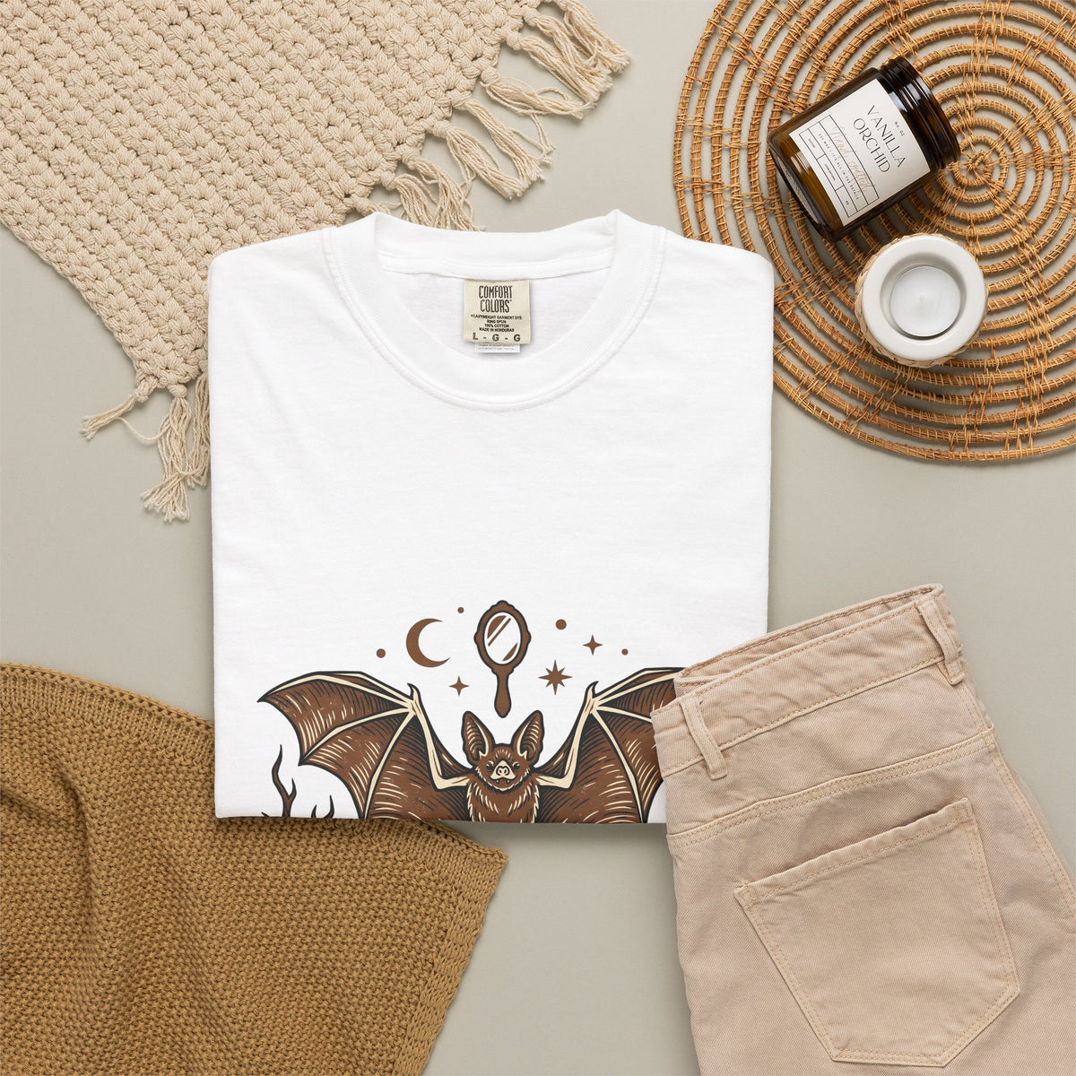 Bat Drawing T-Shirt Boho Chic Magic Gift Women Creepy T-Shirt Bat T-Shirt Bohemian Fan Spooky T-Shirt Mystical Graphic Sketch Taper Candle T-Shirt