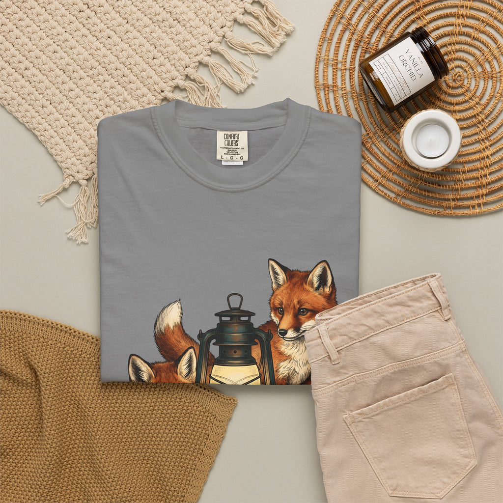 Fox Light T-Shirt Halloween Nature Gift Women Hand Drawn T-Shirt Lamp T-Shirt Spooky Fan Illustrated T-Shirt Wilderness Graphic Doodle Maple Leaves